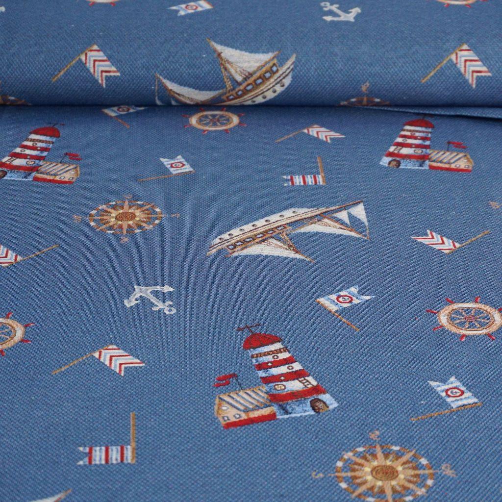 Dekostoff Jacquard Maritime Motive auf blau